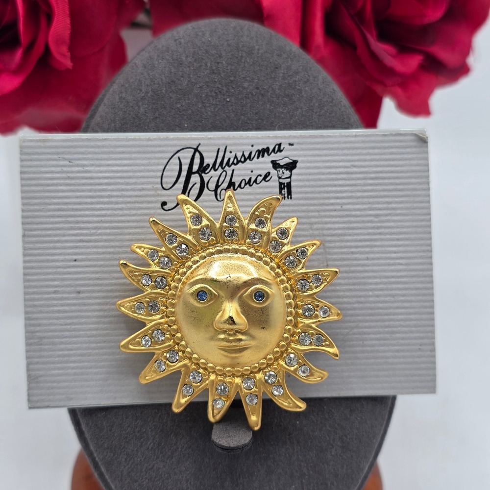 Bellissima Choice Gold Tone Sun Face Brooch Blue Rhinestone Eyes Celestial Pin
